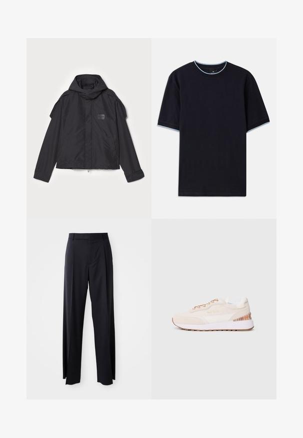 Čierna bunda s kapucňou, vyrobená z hladkej tkaniny. Obsahuje predný zips, bočné vrecká a ramenné akcenty. Jednoduchý dizajn so štítkom.; Tmavomodré tričko s krátkym rukávom a okrúhlym výstrihom, so svetlomodrými akcentmi na golieri a rukávoch. Vyrobené z mäkkej bavlnenej tkaniny.; Čierne, vysoké nohavice so širokým strihom, vyrobené z hladkej látky. Obsahujú predné skladby a pútka na opasok. Minimalistický dizajn, bez viditeľnej kovania.; Tenisky s béžovým semišovým zvrškom, bielymi akcentmi, hnedou gumovou podrážkou a farebným prúžkom na päte; majú hnedé šnúrky.