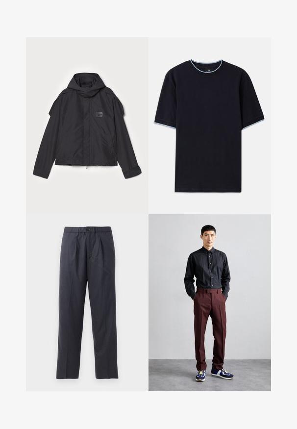 Mustatakki hupulla, valmistettu sileästä kankaasta. Ominaisuuksiin kuuluu vetoketjukiinnitys edessä, sivutaskut ja olkakorostukset. Yksinkertainen muotoilu, jossa on etiketti.; T-paita tummansinisestä lyhythihaisesta kankaasta pyöreällä kaula-aukolla, jossa vaaleansininen yksityiskohta kauluksessa ja hihoissa. Valmistettu pehmeästä puuvillakankaasta.; Tummansiniset housut, jotka on valmistettu pehmeästä kankaasta ja niissä on pleidattu etuosa sekä joustava vyötärö. Varustettu napilla suljettavalla ja suoran lahkeen leikkauksella.; Mustapaita, jossa on pitkä hiha ja napit, yhdistetty korkeavyötäröisiin viininpunaisiin housuihin ja sinisiin lenkkareihin, joissa on vihreitä yksityiskohtia. Malli seisoo kädet Taskuissa.