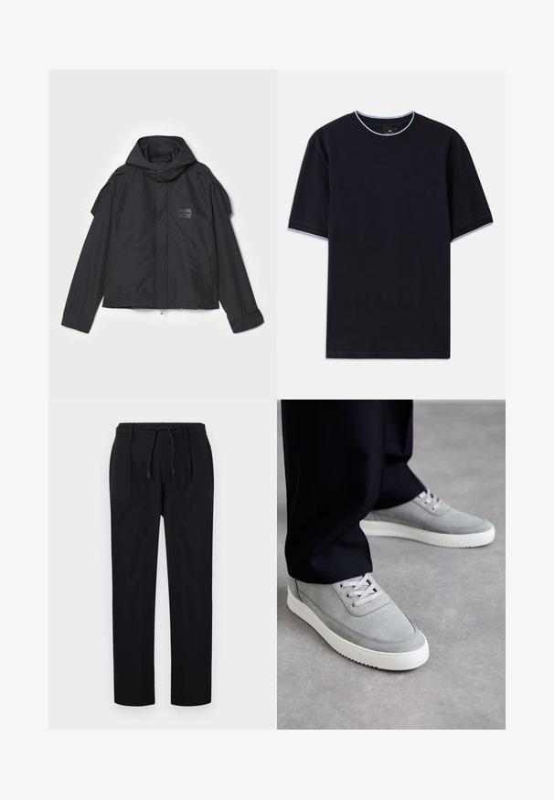 Black jacket with a hood, made of smooth fabric. Features a zip front, side pockets, and shoulder accents. Simple design with a label.; Dark blue short-sleeve t-shirt with a round neckline, featuring light blue accent at the collar and sleeves. Made of soft cotton fabric.; Black trousers made of smooth fabric, featuring a drawstring waist, straight legs, and front pleats for a structured look.; Gray suede sneakers with white rubber soles, featuring lace-up design, rounded toe, and subtle stitching details, worn with black pants.