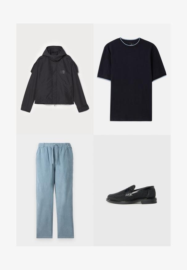Jachetă neagră cu glugă, fabricată dintr-un material neted. Dispune de fermoar frontal, buzunare laterale și accente pe umeri. Design simplu cu etichetă.; Tricou scurt cu mânecă scurtă de culoare albastru închis, cu un guler rotund, având accente de culoare albastru deschis la guler și la mâneci. Fabricat dintr-un material moale din bumbac.; Pantaloni din bumbac ușor albastru cu un tiv elastic, șnur, croială dreaptă și textură în dungi. Fără buzunare vizibile.; Pantofii negri din material textil, cu accent din piele netedă pe partea superioară, design cu vârf rotund și talpă din cauciuc de profil redus.