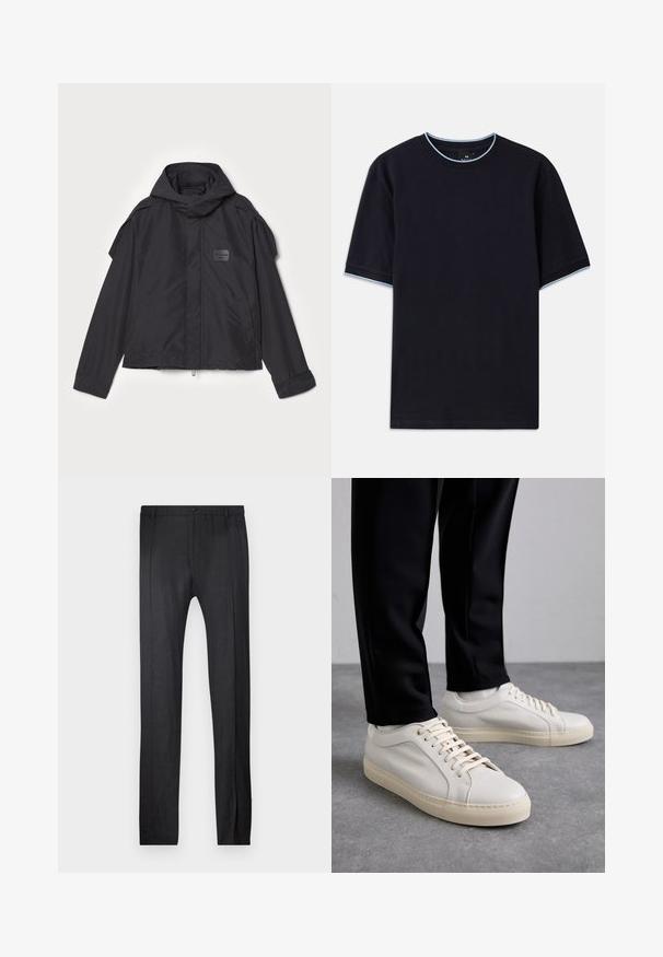 Black jacket with a hood, made of smooth fabric. Features a zip front, side pockets, and shoulder accents. Simple design with a label.; Dark blue short-sleeve t-shirt with a round neckline, featuring light blue accent at the collar and sleeves. Made of soft cotton fabric.; Emporio Armani TROUSER - Trousers - nero; Light beige leather sneakers with flat laces, a textured surface, and a contrasting cream-colored rubber sole, paired with black tapered pants.