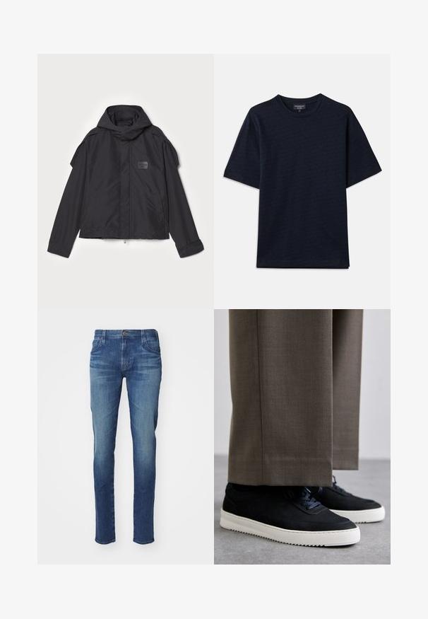 Musthaveheide mustaghuri hoodiga, valge catsosta. Omab esist zip ja külge taskud, õlavarre aksendid. Lihtne disain ja silt.; Tumesinine T-särk tekstuuriga mustriga, ümmarguse kaeluse ja lühikeste varrukatega. Rinnal diskreetne logo detail, valmistatud pehmest puuvillast kangast.; Meeste sinised denim püksid sirge lõikega, millel on klassikaline viie-tasku disain, peen fade efekt ning metallne nööp sulgemiseks.; Mustad suleed sneakers valge kummist tallaga, ümarate varvaste ja paeltega, kantud hallide ülikonna pükste kõrval.
