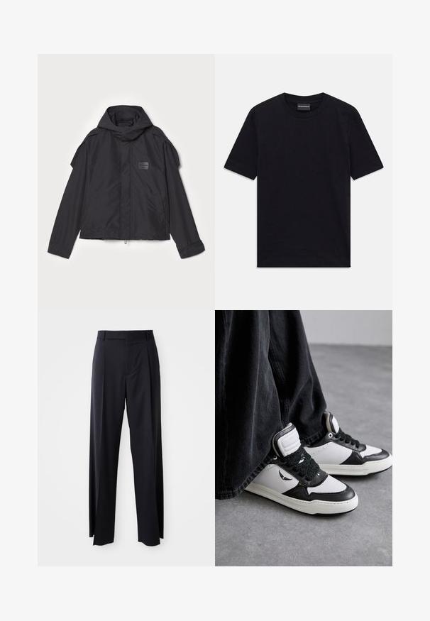 Black jacket with a hood, made of smooth fabric. Features a zip front, side pockets, and shoulder accents. Simple design with a label.; Black short-sleeve crew neck T-shirt with subtle embossed pattern and brand label inside collar, laid flat on white background.; Black, high-waisted trousers with a wide-leg cut, made of smooth fabric. Features front pleats and belt loops. Minimalistic design, no visible hardware.; Black and white high-top sneakers with a textured black lace detail, leather and synthetic material, featuring a logo on the side.