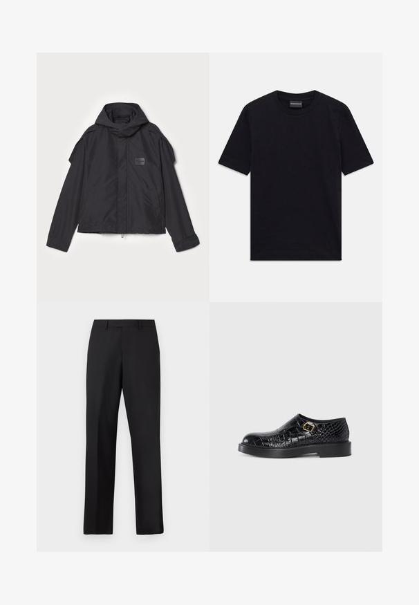 Sort jakke med hætte, lavet af glat stof. Har lynlåslukning foran, sidelommer og skulderdetaljer. Simpel design med et mærke.; Sort kortærmet T-shirt med rund hals og subtil præget mønster samt mærkeetiket indeni kraven, liggende fladt på hvid baggrund.; Sorte bukser med lige ben lavet af glat stof. Har en almindelig linning og ingen synlige mønstre eller detaljer.; Sorte lædersko med krokodillepræget tekstur, rund tå, flad gummisål og detalje med firkantet spænde i guldfarve på siden.