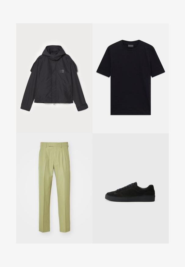 Sort jakke med hætte, lavet af glat stof. Har lynlåslukning foran, sidelommer og skulderdetaljer. Simpel design med et mærke.; Sort kortærmet T-shirt med rund hals og subtil præget mønster samt mærkeetiket indeni kraven, liggende fladt på hvid baggrund.; Bukser i lysegrøn, lavet af blødt stof, med høj talje, dobbelte folder og lige ben med en skræddersyet finish.; Sort semsket sneakers med en flad, tekstureret sål, rund tå, seks snørrehuller og et minimalistisk design.
