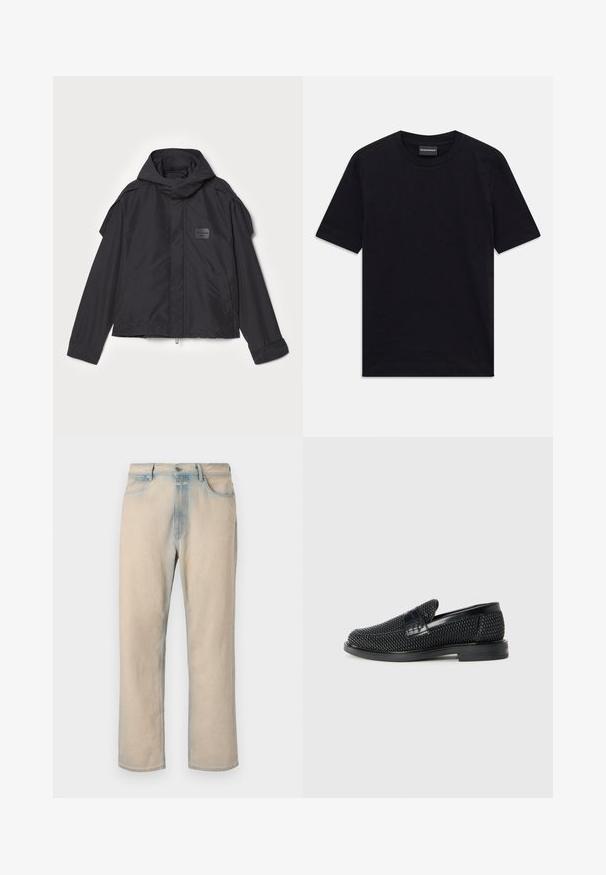 Juodas švarkas su kapišonu, pagamintas iš lygios medžiagos. Yra užtrauktukas priekyje, šoninės kišenės ir pečių akcentai. Paprastas dizainas su etikete.; Juoda trumpomis rankovėmis apvaliu kaklu marškinėliai su subtiliu iškilniu ornamentu ir prekės ženklo etikete apykaklėje, padėti ant baltos fono.; Šviesiai ruda džinsų audinio kelnės su tiesiu kirpimu, šviesiai mėlynomis akcentais, penkiomis kišenėmis ir sagčia liemens srityje.; Juodas pintas slip-on tipo batelis su lygiu odiniu akcentu viršuje, apvalios nosies dizainas ir žemas guminis padas.