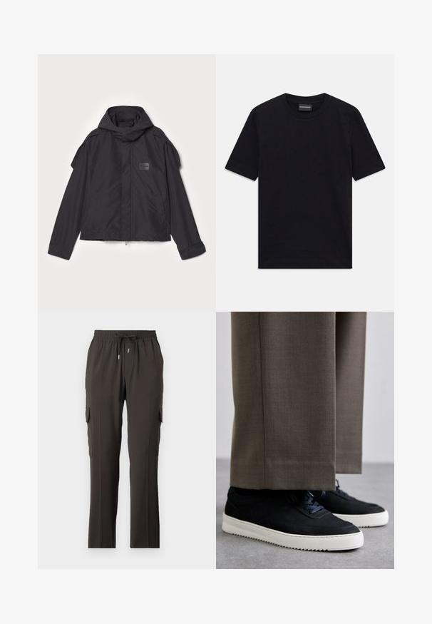 Juodas švarkas su kapišonu, pagamintas iš lygios medžiagos. Yra užtrauktukas priekyje, šoninės kišenės ir pečių akcentai. Paprastas dizainas su etikete.; Juoda trumpomis rankovėmis apvaliu kaklu marškinėliai su subtiliu iškilniu ornamentu ir prekės ženklo etikete apykaklėje, padėti ant baltos fono.; Tamsiai rudos krovinių kelnės su elastingu juosmeniu, reguliuojamu raišteliu ir šoninėmis kišenėmis. Lygus audinio tekstūri, tiesaus kirpimo dizainas.; Juodi zomšiniai sportbačiai su baltais guminiais padais, su apvalia nosimi ir raišteliais, dėvimi su pilkais pritaikytais kelnais.