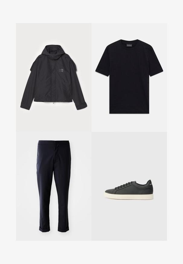 Černá bunda s kapucí, vyrobená z hladké tkaniny. Obsahuje zapínání na zip vpředu, boční kapsy a akcenty na ramenou. Jednoduchý design s štítkem.; Černé tričko s krátkým rukávem a kulatým výstřihem s jemným raženým vzorem a štítkem značky uvnitř límce, položené na bílém pozadí.; Námořnické kalhoty se hladkým materiálem, rovný střih, středně vysoký pas a ohrnuté manžety. Žádné viditelné kapsy ani detaily s kovovými prvky.; Černé kožené tenisky s nízkým profilem, zaoblenou špičkou a šněrováním; mají texturovanou gumovou podrážku a logo na patě.