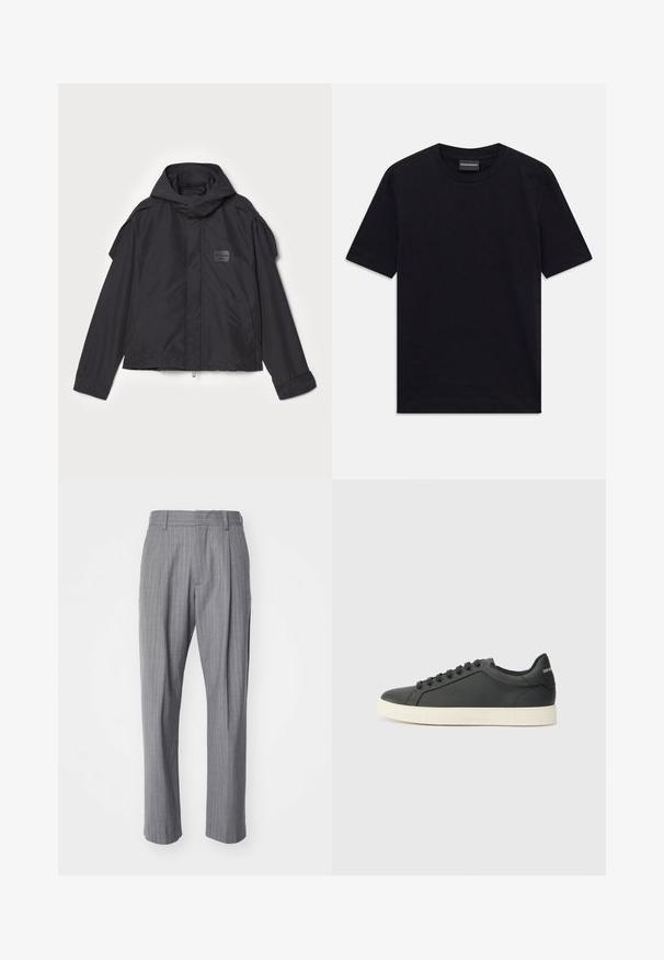 Giacca nera con cappuccio, realizzata in tessuto liscio. Presenta una chiusura frontale con zip, tasche laterali e dettagli sulle spalle. Design semplice con un'etichetta.; T-shirt nero a maniche corte con colletto tondo, con un sottile motivo in rilievo e etichetta del marchio all'interno del colletto, adagiato su uno sfondo bianco.; NN.07 KAY - Pantaloni - grey; Sneaker in pelle nera con profilo basso, punta tondeggiante e chiusura stringata; presenta una suola in gomma testurizzata e dettaglio del logo sul tallone.