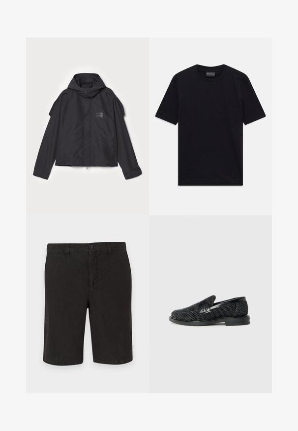 Čierna bunda s kapucňou, vyrobená z hladkej tkaniny. Obsahuje predný zips, bočné vrecká a ramenné akcenty. Jednoduchý dizajn so štítkom.; Čierne tričko s krátkym rukávom a okrúhlym výstrihom so subtílnym embosovaným vzorom a značkovou nášivkou vo vnútri goliera, položené na bielom pozadí.; Čierne ľanové šortky s uzatváraním na gombík, rovný predný dizajn a rovný strih. Ľahký materiál s hladkým povrchom.; Čierne tkané slip-on topánky s hladkým koženým akcentom na vrchnej časti, s okrúlym dizajnom špičky a nízkoprofilovou gumovou podrážkou.