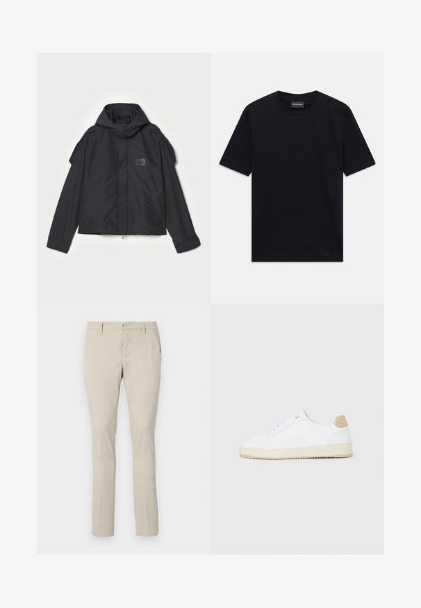 Čierna bunda s kapucňou, vyrobená z hladkej tkaniny. Obsahuje predný zips, bočné vrecká a ramenné akcenty. Jednoduchý dizajn so štítkom.; Čierne tričko s krátkym rukávom a okrúhlym výstrihom so subtílnym embosovaným vzorom a značkovou nášivkou vo vnútri goliera, položené na bielom pozadí.; Béžové chino nohavice s rovný strih, so bočnými vreckami a hladkou textúrou látky. Žiadne viditeľné vzory ani kovové detaily.; Biele nízke tenisky s textúrovaným koženým zvrškom, krémovou drážkovanou podrážkou a akcentom v hnedej farbe na podpätku. Majú biele šnúrky a detail loga na päte.