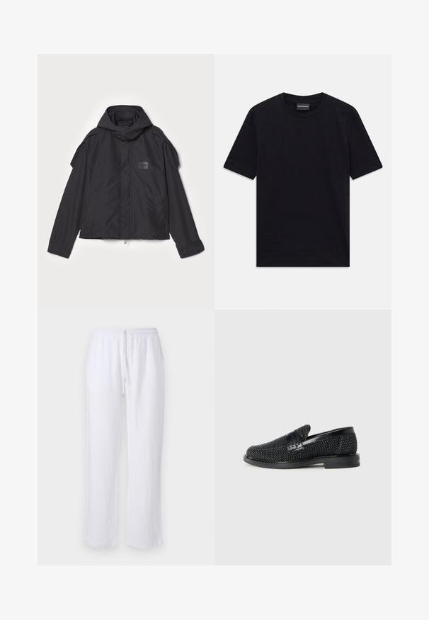 Fekete kapucnis dzseki, sima anyagból készült. Elöl zipzárral záródik, oldalsó zsebekkel és vállrész kiemelésekkel rendelkezik. Egyszerű dizájn jellemzi, címkével.; Fekete, rövid ujjú, kereknyakú póló finom, dombornyomott mintával és márkacímkével a gallér belső oldalán, fehér háttérre lefektetve.; Fehér vászonnadrág, laza szabású, rugalmas derékpánttal és húzózsinórral. Simának tűnő textúra és egyenes lábszár kialakítás. Nincsenek minták vagy díszítések.; Fekete szőtt slip-on cipő sima bőr díszítéssel a felsőrészen, kerek orral és alacsony profilos gumitalppal.