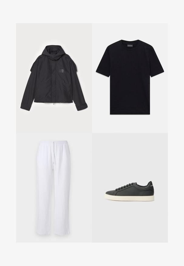 Μαύρο μπουφάν με κουκούλα, κατασκευασμένο από λεία ύφανση. Διαθέτει φερμουάρ μπροστά, πλάγιες τσέπες και διακρίσεις στους ώμους. Απλός σχεδιασμός με ετικέτα.; Μαύρη κοντομάνικη μπλούζα με στρογγυλή λαιμόκοψη και διακριτό ανάγλυφο σχέδιο, με το λογότυπο της μάρκας ραμμένο μέσα στον γιακά, τοποθετημένη επίπεδη πάνω σε λευκό φόντο.; Λευκά λινά παντελόνια με άνετη εφαρμογή, ελαστική μέση και κούμπωμα με κορδόνι. Λείο υλικό και ευθύς σχεδιασμός ποδιού. Χωρίς σχέδια ή διακοσμήσεις.; Μαύρο δερμάτινο αθλητικό παπούτσι με χαμηλό προφίλ, στρογγυλή μύτη και κλείσιμο με κορδόνια. Διαθέτει υφή ελαστική σόλα και λεπτομέρεια λογότυπου στη φτέρνα.