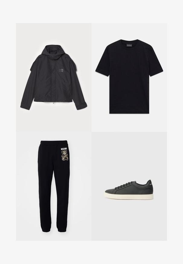Melna jaka ar kapuci, izgatavota no gludas auduma. Aprīkota ar rāvējslēdzēju priekšā, sānu kabatām un plecu akcentiem. Vienkāršs dizains ar etiķeti.; Melnā T-kreklā ar īsām piedurknēm, apaļo kakla izgriezumu, ar smalku reljefu rakstu un zīmola etiķeti iekšpusē kaklā, novietots uz baltas virsmas.; Melni kokvilnas sporta bikses ar elastīgu jostasvietu, kurām ir tējas lāča grafika un "MOSCHINO" teksts sānos.; Melna ādas kedas ar zemu profilu, noapaļotu purngalu un savelkamu aizdari; ar teksturētu gumijas zoli un logotipa detaļu uz papēža.