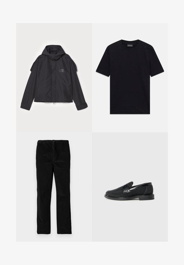 Schwarze Jacke mit Kapuze, aus glattem Stoff. Verfügt über einen Reißverschluss vorne, seitliche Taschen und Schulterakzente. Einfaches Design mit einem Etikett.; Schwarzes kurzärmeliges T-Shirt mit Rundhalsausschnitt und dezentem, geprägtem Muster sowie Markenlabel im Kragen, flach auf weißem Hintergrund ausgelegt.; Schwarze gerade geschnittene Samthose mit elastischem Bund und vorderem Kordelzug, vor einem schlichten weißen Hintergrund präsentiert.; Schwarzer geflochtener Slipper mit einem glatten Lederakzent im Obermaterial, einem runden Zehendesign und einer flachen Gummisohle.