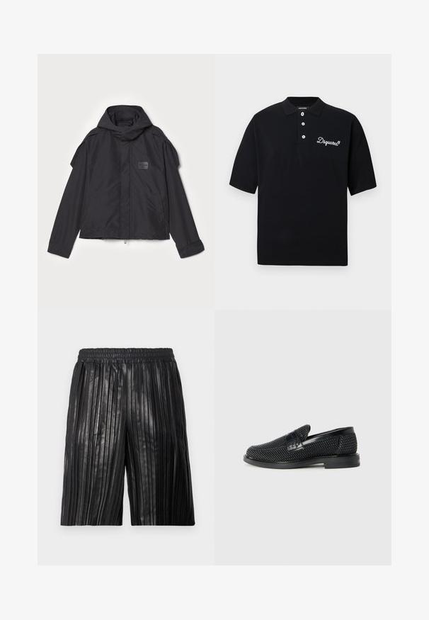 Giacca nera con cappuccio, realizzata in tessuto liscio. Presenta una chiusura frontale con zip, tasche laterali e dettagli sulle spalle. Design semplice con un'etichetta.; Polo nera in cotone, con colletto tradizionale, patta con tre bottoni e logo ricamato bianco sul petto.; Pantaloni neri a piastrella con vita elasticizzata, realizzati in un materiale lucido, con scanalature verticali per texture e stile.; Scarpa nera a mocassino intrecciata con un accentuato in pelle liscia sulla parte superiore, design a punta rotonda e suola in gomma a profilo basso.