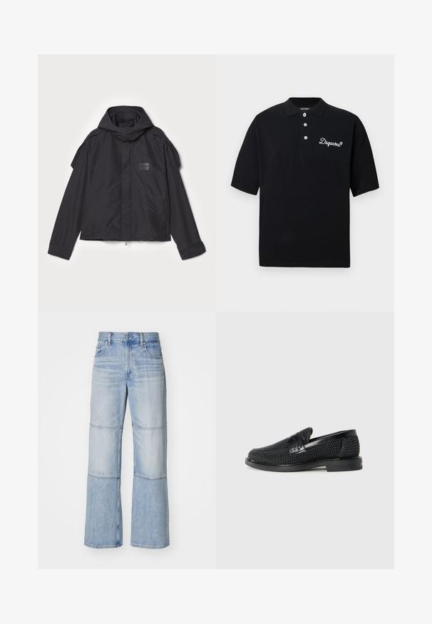 Melna jaka ar kapuci, izgatavota no gludas auduma. Aprīkota ar rāvējslēdzēju priekšā, sānu kabatām un plecu akcentiem. Vienkāršs dizains ar etiķeti.; Melna kokvilnas polo krekls ar tradicionālu apkakli, trīs pogu atvērumu un baltu izšūtu logotipu krūtīs.; Gaiši zila džinsa bikses ar platu kāju dizainu, ar kontrastējošām paneļiem un redzamām šuvēm. Augstais jostasvieta ar pogas aizdari.; Melnas austas slaidu kurpes ar gludu ādas akcentu augšpusē, apaļas formas purngalu un zemas profila gumijas zoli.