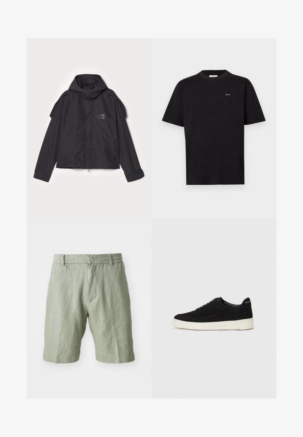 Sort jakke med hætte, lavet af glat stof. Har lynlåslukning foran, sidelommer og skulderdetaljer. Simpel design med et mærke.; Sort kortærmet t-shirt med rund hals, med lille hvid "NN. 07" logo på venstre bryst, præsenteret på en hvid baggrund.; Lys grønne linnedshorts med en afslappet pasform, elastisk talje og to frontlommer. Glat tekstur med et afslappet design.; Sort ruskinds sneaker med snørebånd og kontrasterende hvid gummisål. Har teksturerede sidepaneler og diskret branding på hælen.