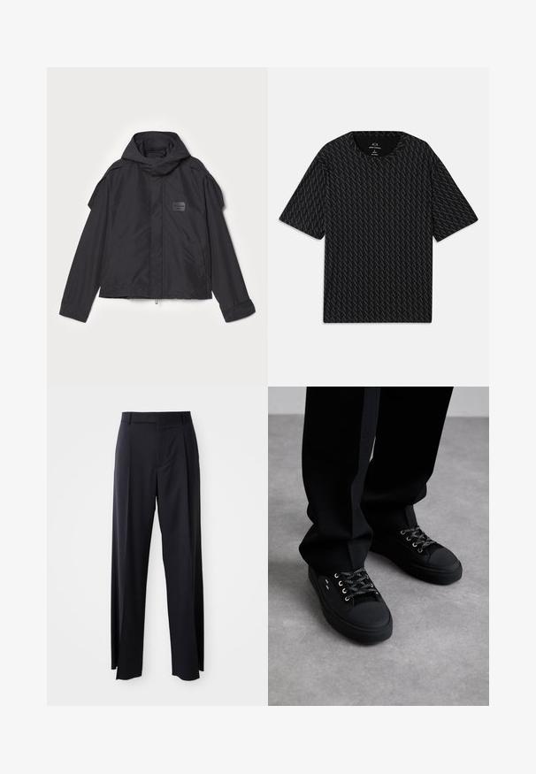 Black jacket with a hood, made of smooth fabric. Features a zip front, side pockets, and shoulder accents. Simple design with a label.; Black T-shirt featuring a textured pattern of alternating 'A' logos, short sleeves, and a crew neckline. Made from lightweight fabric.; Black, high-waisted trousers with a wide-leg cut, made of smooth fabric. Features front pleats and belt loops. Minimalistic design, no visible hardware.; Black sneakers feature a mesh upper with rubber toes, metal eyelets, and contrasting laces. Paired with black trousers on a gray surface.
