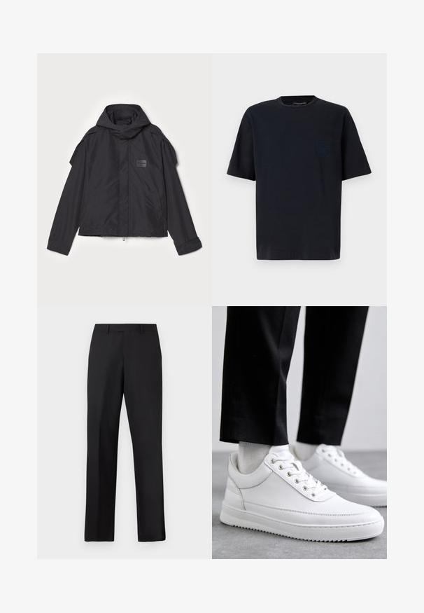 Černá bunda s kapucí, vyrobená z hladké tkaniny. Obsahuje zapínání na zip vpředu, boční kapsy a akcenty na ramenou. Jednoduchý design s štítkem.; Námořnické bavlněné tričko s kulatým výstřihem, krátkými rukávy a kapsou, která má jemný embosovaný detail loga na levém prsu.; Černé kalhoty s rovnými nohavicemi vyrobené z hladké látky. Mají standardní pas a žádné viditelné vzory či zdobení.; Bílé kožené tenisky s plochou gumovou podešví, s hladkým povrchem, kulatou špičkou a kovovými dírkami na tkaničky. Nosené s černými kalhotami.