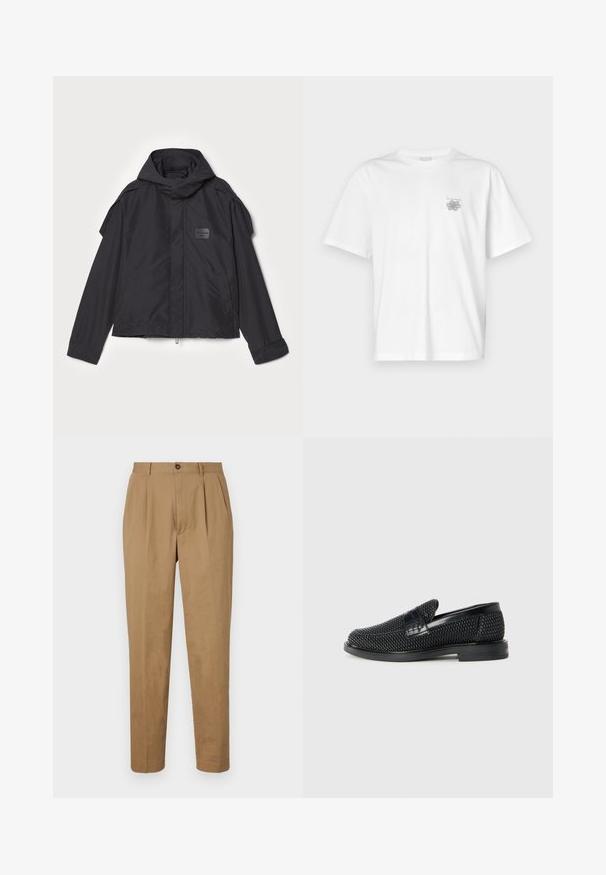 Čierna bunda s kapucňou, vyrobená z hladkej tkaniny. Obsahuje predný zips, bočné vrecká a ramenné akcenty. Jednoduchý dizajn so štítkom.; Biela tričko vyrobené z bavlny, s krátkymi rukávmi, okrúhlym výstrihom a malým šedým logom na oblasti ľavej hrude. Hladká textúra.; Hnedé plisované nohavice s rovný strihom, vyrobené z hladkej tkaniny. Obsahujú predné zapínanie na gombík a bočné vrecká.; Čierne tkané slip-on topánky s hladkým koženým akcentom na vrchnej časti, s okrúlym dizajnom špičky a nízkoprofilovou gumovou podrážkou.