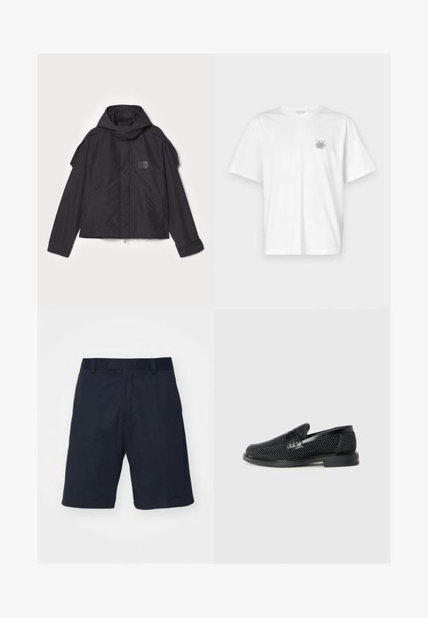 Juodas švarkas su kapišonu, pagamintas iš lygios medžiagos. Yra užtrauktukas priekyje, šoninės kišenės ir pečių akcentai. Paprastas dizainas su etikete.; Balta medvilninė marškinėlių, su trumpomis rankovėmis, apykaklė nei per aukšta, nei per žema, ir mažas pilkas logotipas kairėje krūtinės pusėje. Lygi tekstūra.; Juodi šortai, pagaminti iš lygaus audinio, turi plokščią priekį, diržo kilpas ir iki kelių siekiančią apykaklės dizainą, be matomų raštų ar aparatūros.; Juodas pintas slip-on tipo batelis su lygiu odiniu akcentu viršuje, apvalios nosies dizainas ir žemas guminis padas.