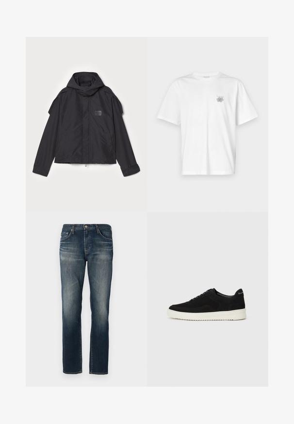 Juodas švarkas su kapišonu, pagamintas iš lygios medžiagos. Yra užtrauktukas priekyje, šoninės kišenės ir pečių akcentai. Paprastas dizainas su etikete.; Balta medvilninė marškinėlių, su trumpomis rankovėmis, apykaklė nei per aukšta, nei per žema, ir mažas pilkas logotipas kairėje krūtinės pusėje. Lygi tekstūra.; Tamsiai mėlynos džinsinės kelnės su tiesiomis kojomis, penkiomis kišenėmis, subtiliu išblukimu ir kontrastingais siuvinėjimo akcentais. Metalinė mygtuko ir užtrauktuko uždarymo sistema.; Juodos veliūrinės sportinės bateliai su raištelių dizainu ir kontrastinga balta gumine padais. Yra tekstūruoti šoniniai skydeliai ir subtilus logotipas ant kulno.