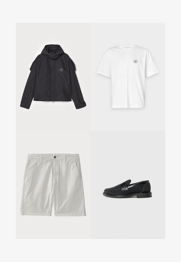 Black jacket with a hood, made of smooth fabric. Features a zip front, side pockets, and shoulder accents. Simple design with a label.; White t-shirt made of cotton featuring short sleeves, a crew neck, and a small gray logo on the left chest area. Smooth texture.; White cotton shorts featuring a button closure, belt loops, and side pockets. The fabric appears smooth with a classic, tailored design.; Black woven slip-on shoe with a smooth leather accent on the upper, a round toe design, and a low-profile rubber sole.