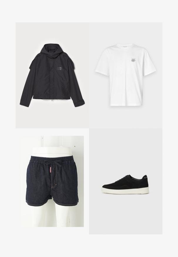 Black jacket with a hood, made of smooth fabric. Features a zip front, side pockets, and shoulder accents. Simple design with a label.; White t-shirt made of cotton featuring short sleeves, a crew neck, and a small gray logo on the left chest area. Smooth texture.; Dark blue denim shorts with an elastic waistband, drawstring, and contrasting yellow stitching. Features a branded tag on the front.; Black suede sneaker with lace-up design and contrasting white rubber sole. Features textured side panels and subtle branding on the heel.