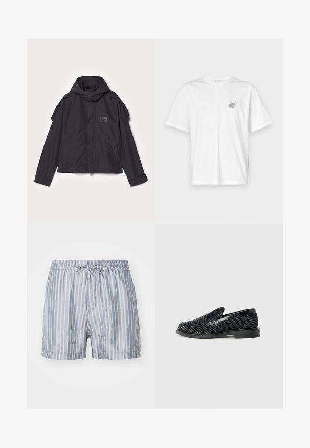 Juodas švarkas su kapišonu, pagamintas iš lygios medžiagos. Yra užtrauktukas priekyje, šoninės kišenės ir pečių akcentai. Paprastas dizainas su etikete.; Balta medvilninė marškinėlių, su trumpomis rankovėmis, apykaklė nei per aukšta, nei per žema, ir mažas pilkas logotipas kairėje krūtinės pusėje. Lygi tekstūra.; Juostuoti maudymosi šortai šviesiai mėlynos ir baltos spalvos, su elastinga juosmens juosta, raišteliu ir lygiu, lengvu audiniu.; Juodas pintas slip-on tipo batelis su lygiu odiniu akcentu viršuje, apvalios nosies dizainas ir žemas guminis padas.