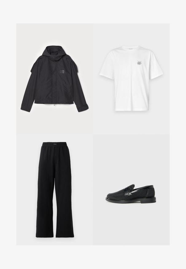 Juodas švarkas su kapišonu, pagamintas iš lygios medžiagos. Yra užtrauktukas priekyje, šoninės kišenės ir pečių akcentai. Paprastas dizainas su etikete.; Balta medvilninė marškinėlių, su trumpomis rankovėmis, apykaklė nei per aukšta, nei per žema, ir mažas pilkas logotipas kairėje krūtinės pusėje. Lygi tekstūra.; Juodos sportinės kelnės, pagamintos iš minkštos medžiagos, su elastinga juosmens juosta, tiesaus kirpimo ir be matomų raštų ar akcentų.; Juodas pintas slip-on tipo batelis su lygiu odiniu akcentu viršuje, apvalios nosies dizainas ir žemas guminis padas.