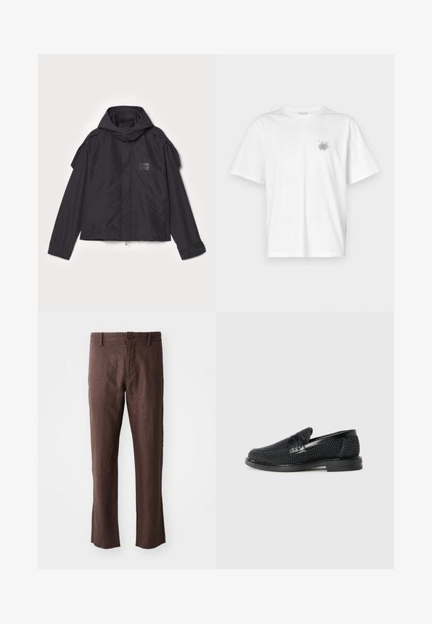 Juodas švarkas su kapišonu, pagamintas iš lygios medžiagos. Yra užtrauktukas priekyje, šoninės kišenės ir pečių akcentai. Paprastas dizainas su etikete.; Balta medvilninė marškinėlių, su trumpomis rankovėmis, apykaklė nei per aukšta, nei per žema, ir mažas pilkas logotipas kairėje krūtinės pusėje. Lygi tekstūra.; Rudos lino kelnes su lygiu paviršiumi, tiesaus kirpimo, su priekinių kišenių, diržo kilpomis ir vienu mygtuko užsegimu juosmens srityje.; Juodas pintas slip-on tipo batelis su lygiu odiniu akcentu viršuje, apvalios nosies dizainas ir žemas guminis padas.