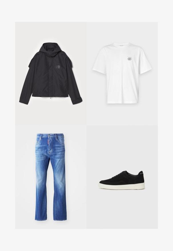 Čierna bunda s kapucňou, vyrobená z hladkej tkaniny. Obsahuje predný zips, bočné vrecká a ramenné akcenty. Jednoduchý dizajn so štítkom.; Biela tričko vyrobené z bavlny, s krátkymi rukávmi, okrúhlym výstrihom a malým šedým logom na oblasti ľavej hrude. Hladká textúra.; Svetlo modré džínsy s uvoľneným strihom, s vyblednutým odtieňom, rovnými nohavicami, päť-vreckovým dizajnom a červenou nášivkou na páse.; Čierne semišové tenisky s šnurovacím dizajnom a kontrastnou bielou gumovou podrážkou. Obsahujú štruktúrované bočné panely a jemné logo na päte.