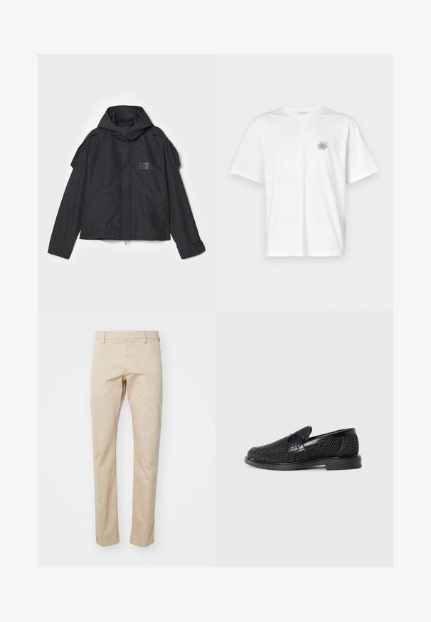 Fekete kapucnis dzseki, sima anyagból készült. Elöl zipzárral záródik, oldalsó zsebekkel és vállrész kiemelésekkel rendelkezik. Egyszerű dizájn jellemzi, címkével.; Fehér pamut póló rövid ujjakkal, kerek nyakkal, és egy kis szürke logóval a bal mellrészen. Sima tapintású.; Beige pamut chino nadrág, egyenes lábú kialakítással, lapos elülső résszel és övhurkokkal. Sima textúra és minimális részletezés.; Fekete szőtt slip-on cipő sima bőr díszítéssel a felsőrészen, kerek orral és alacsony profilos gumitalppal.