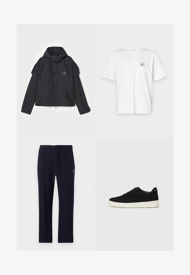 Black jacket with a hood, made of smooth fabric. Features a zip front, side pockets, and shoulder accents. Simple design with a label.; White t-shirt made of cotton featuring short sleeves, a crew neck, and a small gray logo on the left chest area. Smooth texture.; Navy pants with a relaxed fit, featuring a drawstring waist and side pockets. Smooth fabric with subtle front pleats and logo detail.; Black suede sneaker with lace-up design and contrasting white rubber sole. Features textured side panels and subtle branding on the heel.