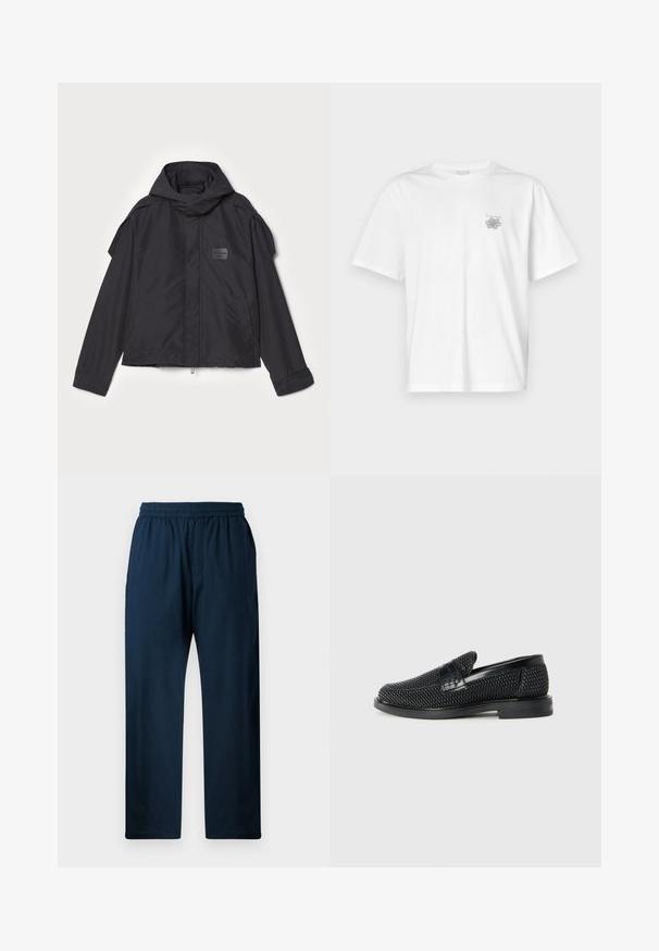 Sort jakke med hætte, lavet af glat stof. Har lynlåslukning foran, sidelommer og skulderdetaljer. Simpel design med et mærke.; Hvid t-shirt lavet af bomuld med korte ærmer, rund halsudskæring og et lille gråt logo på venstre brystområde. Glat tekstur.; Marineblå bukser i bomuldsblanding med elastisk talje, lige ben-design, sidelommer og en glat tekstur.; Sort vævet slip-on sko med en glat læderdetalje på overdelen, en rund tådesign og en lavprofil gummisål.