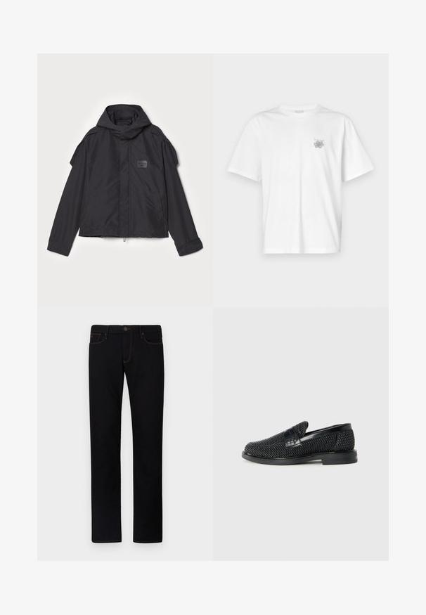 Μαύρο μπουφάν με κουκούλα, κατασκευασμένο από λεία ύφανση. Διαθέτει φερμουάρ μπροστά, πλάγιες τσέπες και διακρίσεις στους ώμους. Απλός σχεδιασμός με ετικέτα.; Λευκό μπλουζάκι από βαμβάκι με κοντά μανίκια, στρογγυλή λαιμόκοψη και μικρό γκρίζο λογότυπο στην αριστερή περιοχή του στήθους. Λείο υφασμά.; Μαύρο τζιν παντελόνι με ίσια γραμμή, κατασκευασμένο από ντένιμ, με αντίθετη πορτοκαλί ραφή και κλείσιμο με κουμπί κανονικού τύπου, σχεδιασμένο με πέντε τσέπες.; Μαύρο πλεκτό παπούτσι slip-on με λείο δερμάτινο στοιχείο στο άνω μέρος, στρογγυλή μύτη και χαμηλό καουτσούκ πάτο.