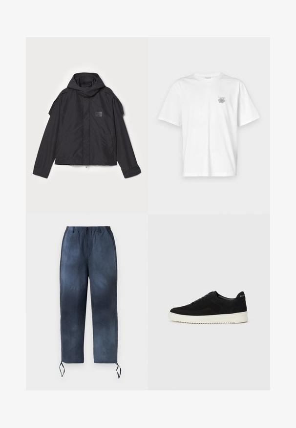 Black jacket with a hood, made of smooth fabric. Features a zip front, side pockets, and shoulder accents. Simple design with a label.; White t-shirt made of cotton featuring short sleeves, a crew neck, and a small gray logo on the left chest area. Smooth texture.; Navy blue drawstring pants with elastic waistband, two side pockets, and ankle ties displayed against a white background.; Black suede sneaker with lace-up design and contrasting white rubber sole. Features textured side panels and subtle branding on the heel.