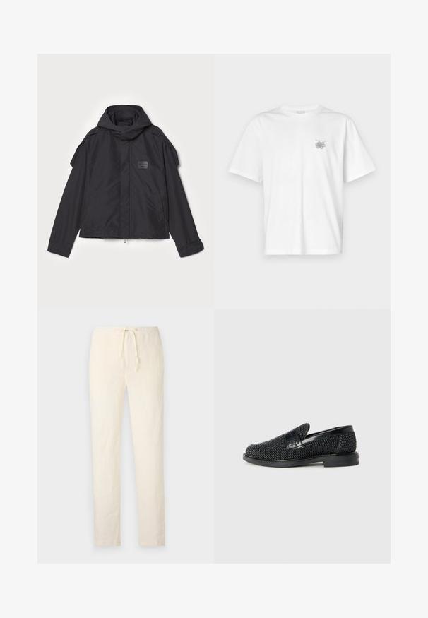 Czarna kurtka z kapturem, wykonana z gładkiego materiału. Posiada zamek z przodu, boczne kieszenie i akcenty na ramionach. Prosty design z metką.; Biała koszulka z bawełny z krótkimi rękawami, okrągłym dekoltem i małym szarym logo po lewej stronie klatki piersiowej. Gładka tekstura.; 120% Lino - Spodnie materiałowe; Czarny, pleciony but wsuwany z gładkim skórzanym akcentem na cholewce, o okrągłym nosku i niskoprofilowej gumowej podeszwie.