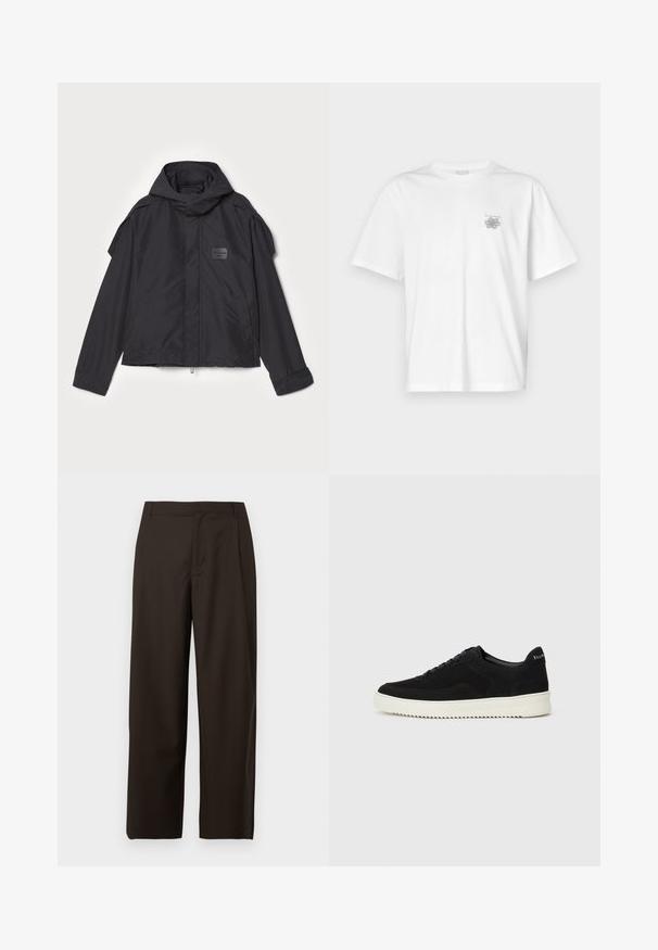 Čierna bunda s kapucňou, vyrobená z hladkej tkaniny. Obsahuje predný zips, bočné vrecká a ramenné akcenty. Jednoduchý dizajn so štítkom.; Biela tričko vyrobené z bavlny, s krátkymi rukávmi, okrúhlym výstrihom a malým šedým logom na oblasti ľavej hrude. Hladká textúra.; Hnedé nohavice s širokými nohavicami vyrobené z hladkej látky, s plochým predným dielom bez viditeľných vreciek alebo ozdôb.; Čierne semišové tenisky s šnurovacím dizajnom a kontrastnou bielou gumovou podrážkou. Obsahujú štruktúrované bočné panely a jemné logo na päte.