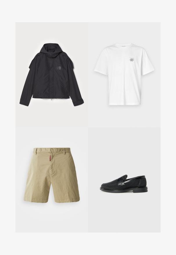 Juodas švarkas su kapišonu, pagamintas iš lygios medžiagos. Yra užtrauktukas priekyje, šoninės kišenės ir pečių akcentai. Paprastas dizainas su etikete.; Balta medvilninė marškinėlių, su trumpomis rankovėmis, apykaklė nei per aukšta, nei per žema, ir mažas pilkas logotipas kairėje krūtinės pusėje. Lygi tekstūra.; Šviesiai rudos medvilnės šortai su lygia priekiu, mygtuko uždarymu ir diržo kilpomis. Yra šiek tiek tekstūros ir mažas raudonas prekės ženklo etiketė ant juosmens.; Juodas pintas slip-on tipo batelis su lygiu odiniu akcentu viršuje, apvalios nosies dizainas ir žemas guminis padas.