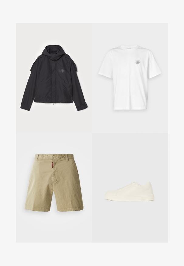 Giacca nera con cappuccio, realizzata in tessuto liscio. Presenta una chiusura frontale con zip, tasche laterali e dettagli sulle spalle. Design semplice con un'etichetta.; T-shirt bianca in cotone con maniche corte, colletto tondo e un piccolo logo grigio nella zona sinistra del petto. Texture liscia.; Pantaloni corti beige in cotone con un davanti piatto, chiusura con bottone e passanti per cintura. Presentano una texture sottile e una piccola etichetta rossa del marchio sulla vita.; Sneaker beige in pelle bassa con punta rotonda, cuciture minime e chiusura con zip laterale su uno sfondo bianco.