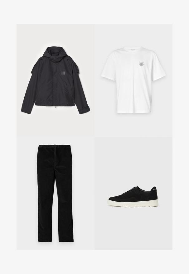 Μαύρο μπουφάν με κουκούλα, κατασκευασμένο από λεία ύφανση. Διαθέτει φερμουάρ μπροστά, πλάγιες τσέπες και διακρίσεις στους ώμους. Απλός σχεδιασμός με ετικέτα.; Λευκό μπλουζάκι από βαμβάκι με κοντά μανίκια, στρογγυλή λαιμόκοψη και μικρό γκρίζο λογότυπο στην αριστερή περιοχή του στήθους. Λείο υφασμά.; Μαύρο σατέν παντελόνι καμπάνα με ελαστική ζώνη και κορδόνι στη μπροστινή πλευρά, αναδεικνύεται σε λευκό φόντο.; Μαύρο σουέτ αθλητικό παπούτσι με σχέδιο κορδονιών και λευκή λαστιχένια σόλα σε αντίθεση. Διαθέτει υφαντές πλαϊνές πάνελ και διακριτική σήμανση στην φτέρνα.