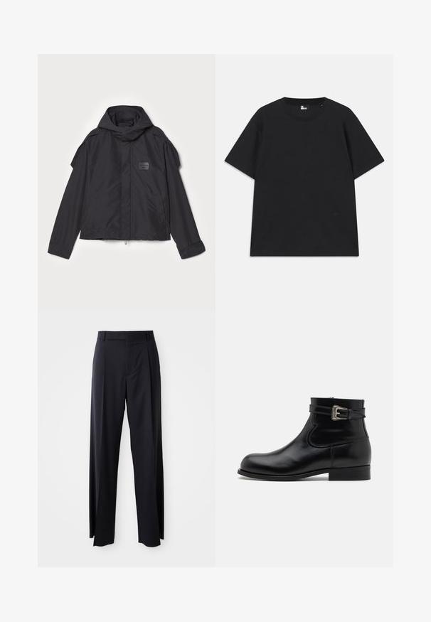 Jachetă neagră cu glugă, fabricată dintr-un material neted. Dispune de fermoar frontal, buzunare laterale și accente pe umeri. Design simplu cu etichetă.; Tricou negru cu mânecă scurtă, din bumbac, având un decolteu circular și un mic detaliu cu logo aproape de tiv. Textură netedă, croială normală.; Pantaloni negri, cu talie înaltă și croi evazat, dintr-un material fin. Prezintă pliseuri frontale și buzunare cu curea. Design minimalist, fără accesorii vizibile.; Botină din piele neagră, cu vârful rotund, accent cu cataramă pe lateral și toc mic. Textură netedă cu un finisaj lustruit și detalii minime de cusătură.