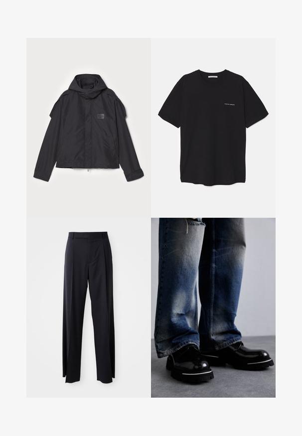 Czarna kurtka z kapturem, wykonana z gładkiego materiału. Posiada zamek z przodu, boczne kieszenie i akcenty na ramionach. Prosty design z metką.; Czarny bawełniany T-shirt z okrągłym dekoltem, krótkimi rękawami i białym nadrukiem logo na lewej piersi. Prosty, jednolity kolor.; Czarne, wysokie spodnie o szerokim kroju, wykonane z gładkiego materiału. Posiadają zakładki z przodu i paski na pasek. Minimalistyczny design, bez widocznych elementów metalowych.; Czarne skórzane buty z połyskliwym wykończeniem, z grubą podeszwą i białym paskiem. Noszone z przetartymi niebieskimi dżinsami pokazującymi lekkie wyblaknięcie.