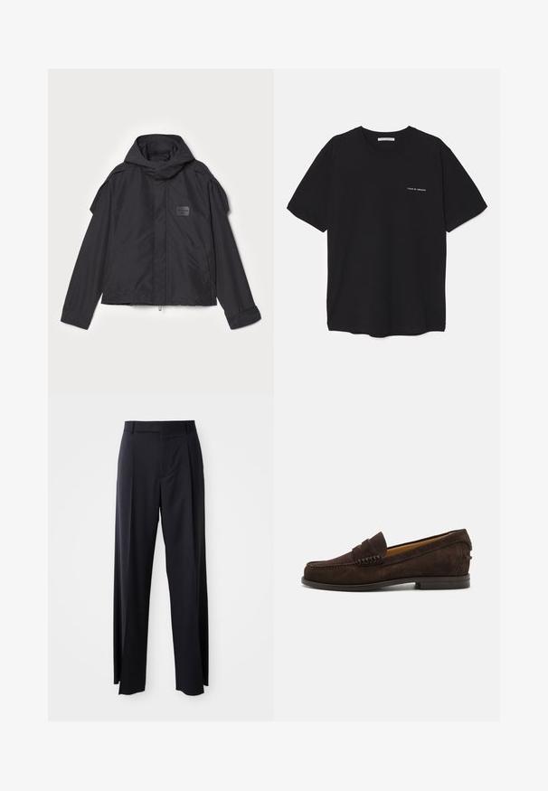 Fekete kapucnis dzseki, sima anyagból készült. Elöl zipzárral záródik, oldalsó zsebekkel és vállrész kiemelésekkel rendelkezik. Egyszerű dizájn jellemzi, címkével.; Fekete pamut T-shirt kerek nyakkivágással, rövid ujjakkal, és fehér logónyomattal a bal mellrészen. Egyszerű, egyszínű dizájn.; Fekete, magasan ültetett nadrág, széles szárai vannak, sima anyagból készült. Elülső redők és övhurkok jellemzik. Minimalista dizájn, látható fémalkatrészek nélkül.; Barna velúr loaferek lekerekített orral, a lábfej részen varrott részletezéssel és alacsony, rétegelt sarokkal a klasszikus dizájn érdekében.