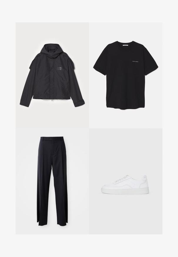 Musthaveheide mustaghuri hoodiga, valge catsosta. Omab esist zip ja külge taskud, õlavarre aksendid. Lihtne disain ja silt.; Must musta T-särk, ümar kaelus, lühikesed varrukad ja valge logo trükk vasakul rinnal. Lihtne, ühtlane värvitoon.; Mustad, kõrge vöökohtaga püksid laia säärte lõikega, valmistatud siledast kangast. Omab ees plekke ja vöörihmade jaoks silmuseid. Minimalistlik disain, nähtavat riistvara pole.; Valge madalate tossude paar, millel on paelad ees, siledast materjalist ülemine osa ja kummist tallad, asetatud selgele heledale taustale.