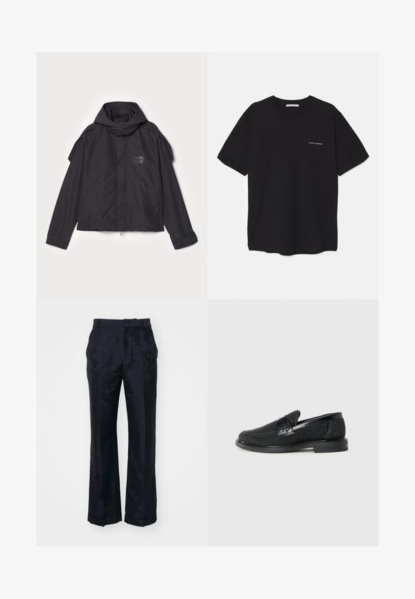 Black jacket with a hood, made of smooth fabric. Features a zip front, side pockets, and shoulder accents. Simple design with a label.; Black cotton T-shirt with a crew neck, short sleeves, and a white logo print on the left chest. Simple, solid color design.; Black, wide-leg trousers featuring a subtle floral texture, smooth fabric, and folded hems. Designed with a standard waistband and a flat front.; Black woven slip-on shoe with a smooth leather accent on the upper, a round toe design, and a low-profile rubber sole.