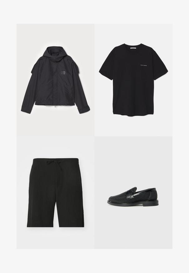 Jachetă neagră cu glugă, fabricată dintr-un material neted. Dispune de fermoar frontal, buzunare laterale și accente pe umeri. Design simplu cu etichetă.; Tricou din bumbac negru, cu guler rotund, mâneci scurte și un imprimeu alb cu logo pe partea stângă a pieptului. Design simplu, de culoare uniformă.; Pantaloni scurți din in negri cu un șnur în talie, având o croială lejeră și un design până la genunchi. Textură netedă, stil simplu și clasic.; Pantofii negri din material textil, cu accent din piele netedă pe partea superioară, design cu vârf rotund și talpă din cauciuc de profil redus.