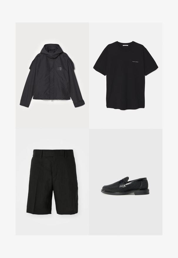Black jacket with a hood, made of smooth fabric. Features a zip front, side pockets, and shoulder accents. Simple design with a label.; Black cotton T-shirt with a crew neck, short sleeves, and a white logo print on the left chest. Simple, solid color design.; Black linen shorts with a relaxed fit, featuring a flat front, pockets on the sides, and a mid-length cut. Lightweight texture visible.; Black woven slip-on shoe with a smooth leather accent on the upper, a round toe design, and a low-profile rubber sole.